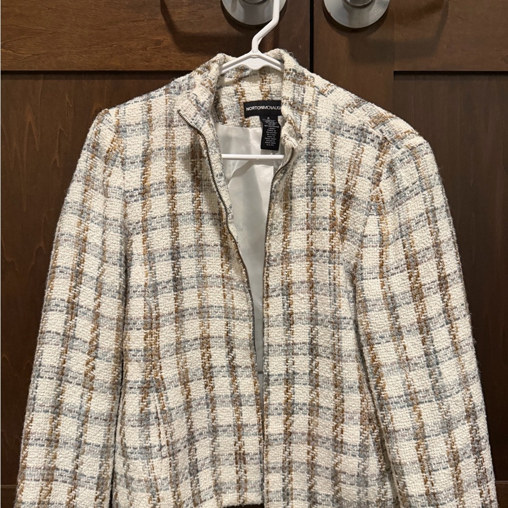 Norton McNaughton Cream and Brown Plaid Blazer